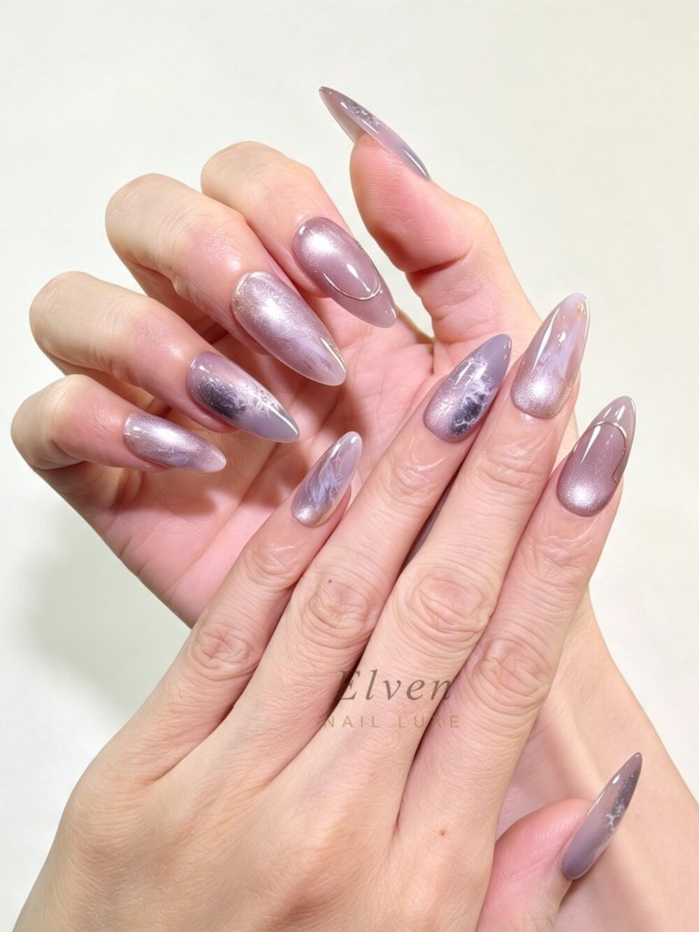 Blue Pink Marble Cat Eye Press On Nails with Gold Line Art - Medium Almond Nails